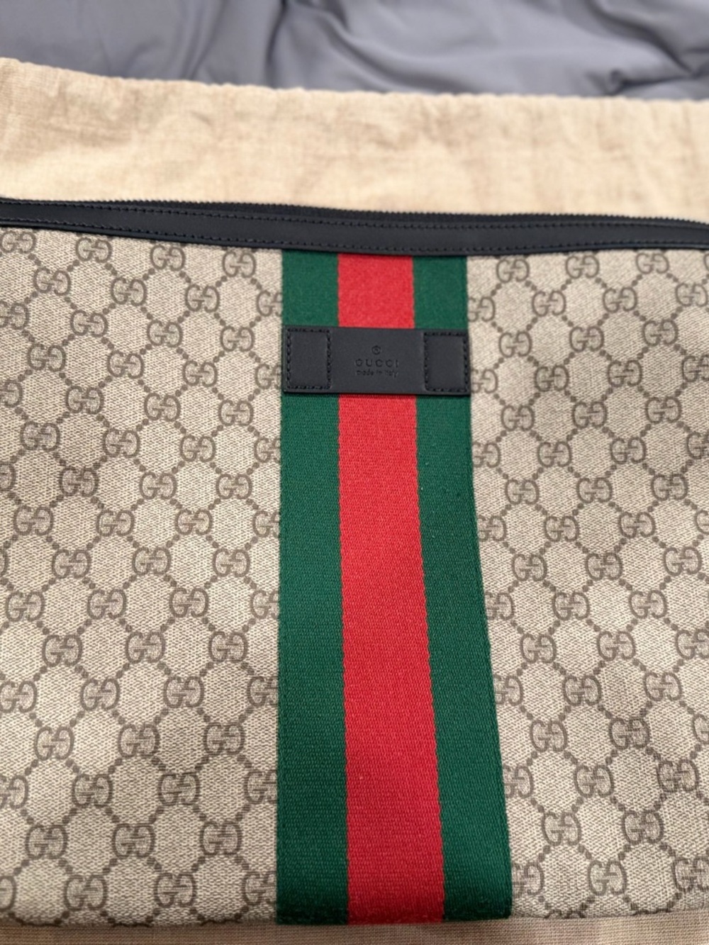 Gucci Beige GG Supreme Messenger Bag with Green and Red Web Stripe
